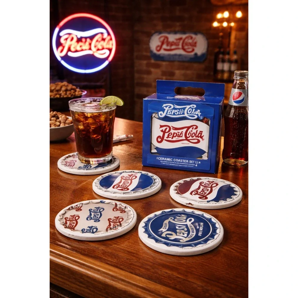 Pepsi Cola Ceramic Coaster Set of 4 Bottle Cap Style Retro Soda‎ Bar Decor